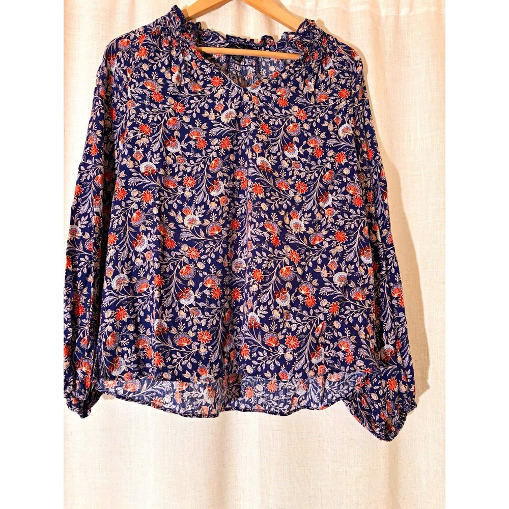 Grace Boho Garden Floral Prairie Rayon Ruffle Balloon Sleeve Blouse , Size M